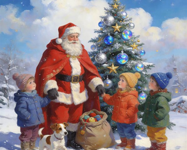 Santa Claus with Children and Terrier in Winter Scene
