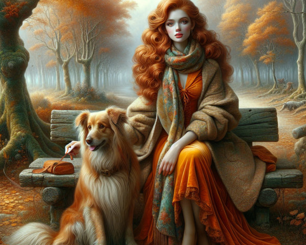 Autumn Scene with Woman, Dog, and Fall Foliage