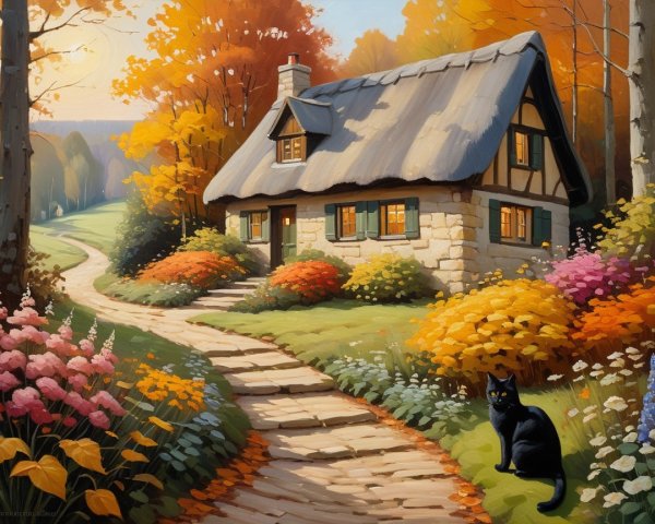 Cottage in Autumn Landscape with Colorful Foliage