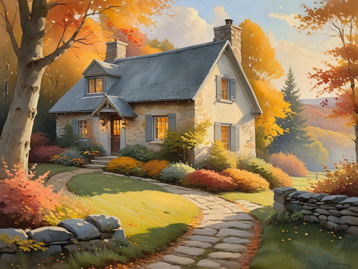 Stone Cottage Surrounded by Autumn Foliage and Flowers