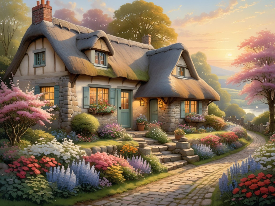 Charming Thatched Cottage Surrounded by Vibrant Gardens