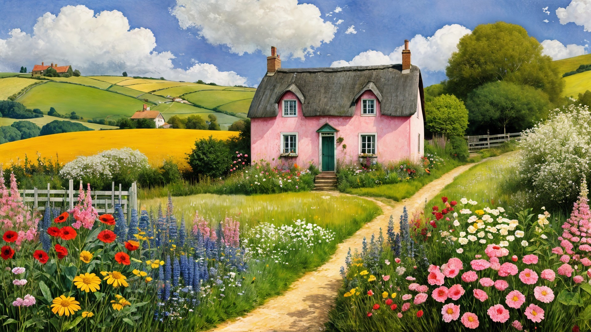 Charming Pink Cottage Surrounded by Vibrant Gardens