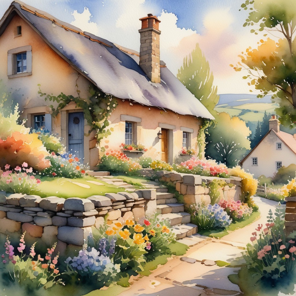 Charming Cottage Surrounded by Vibrant Flower Gardens