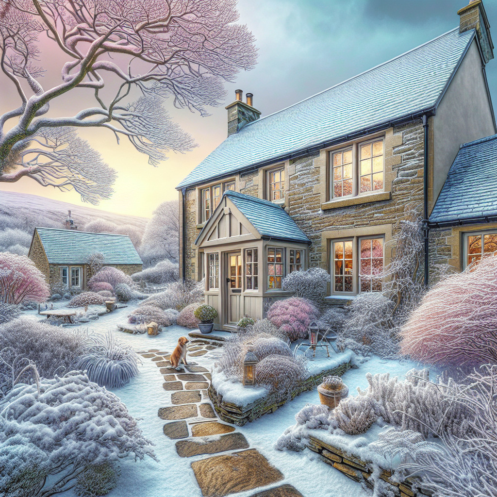 Stone Cottage in Winter Wonderland with Frosted Gardens