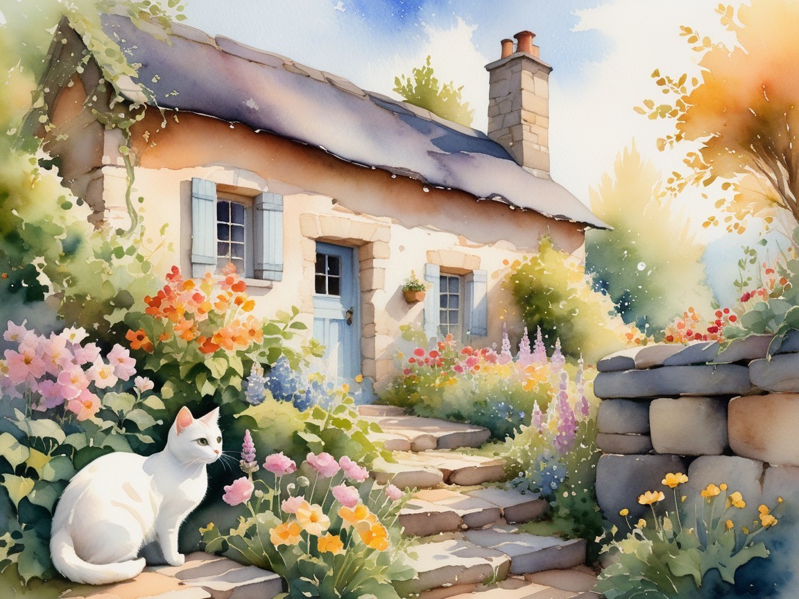 Charming Cottage with Vibrant Gardens and Relaxing Cat