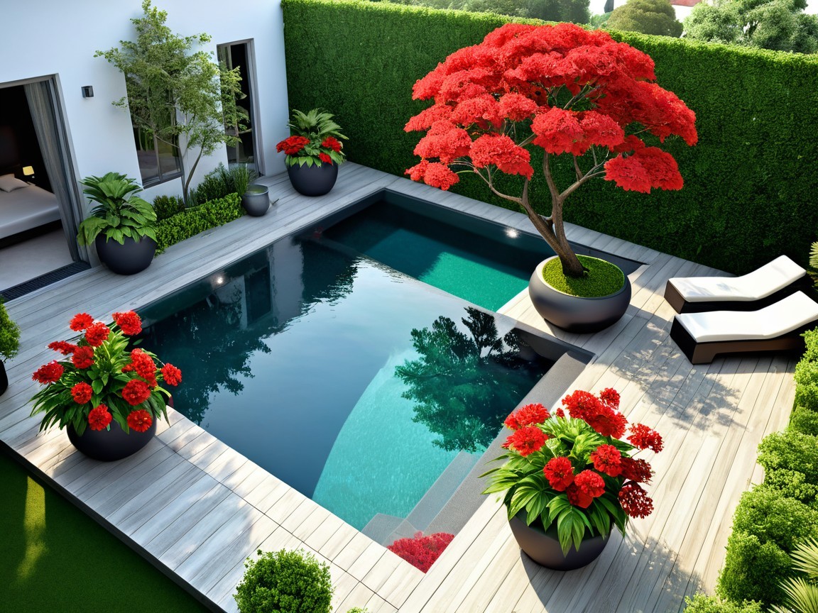 Luxurious Backyard Oasis with Pool and Lush Greenery