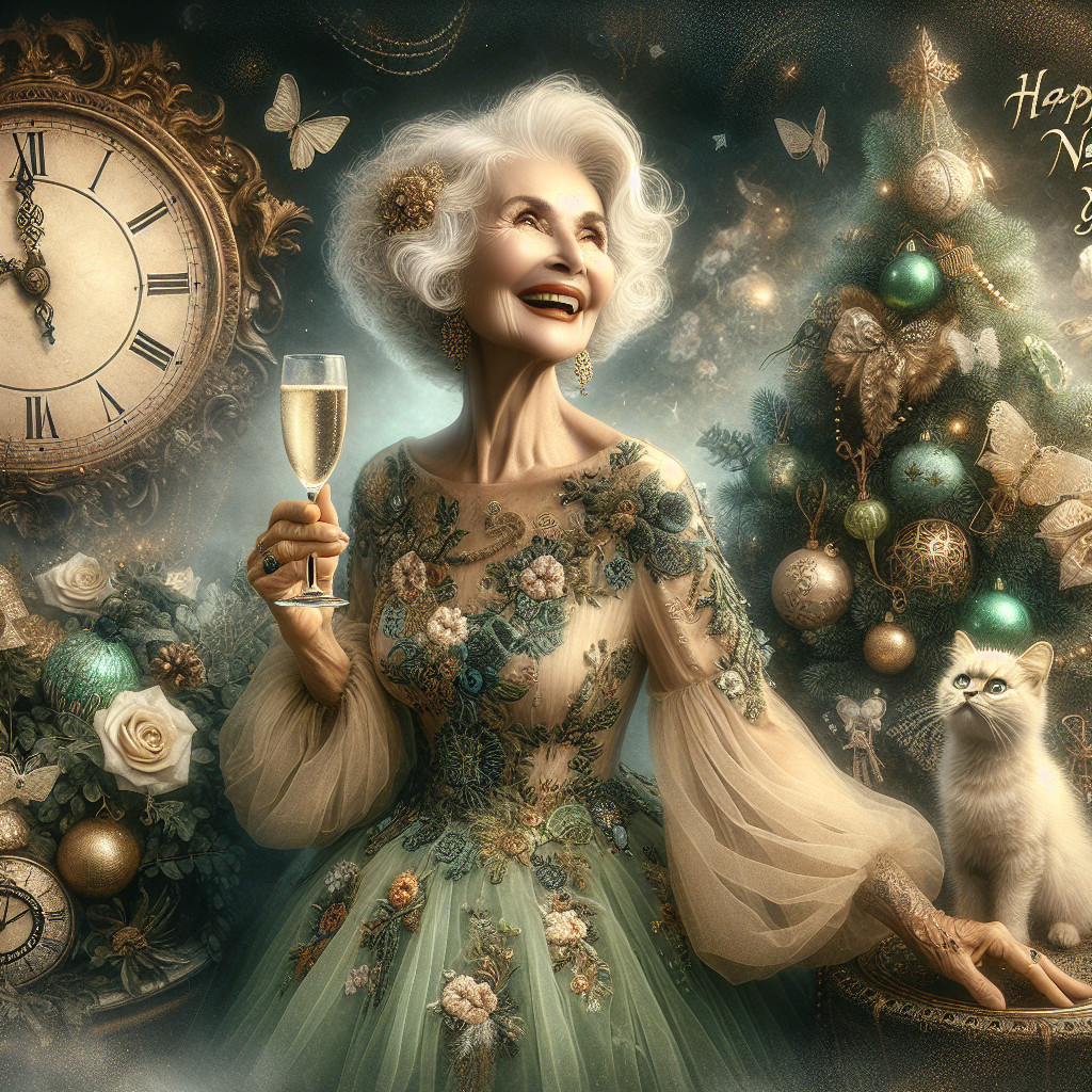 Elderly Woman Celebrating New Year's Eve by Tree