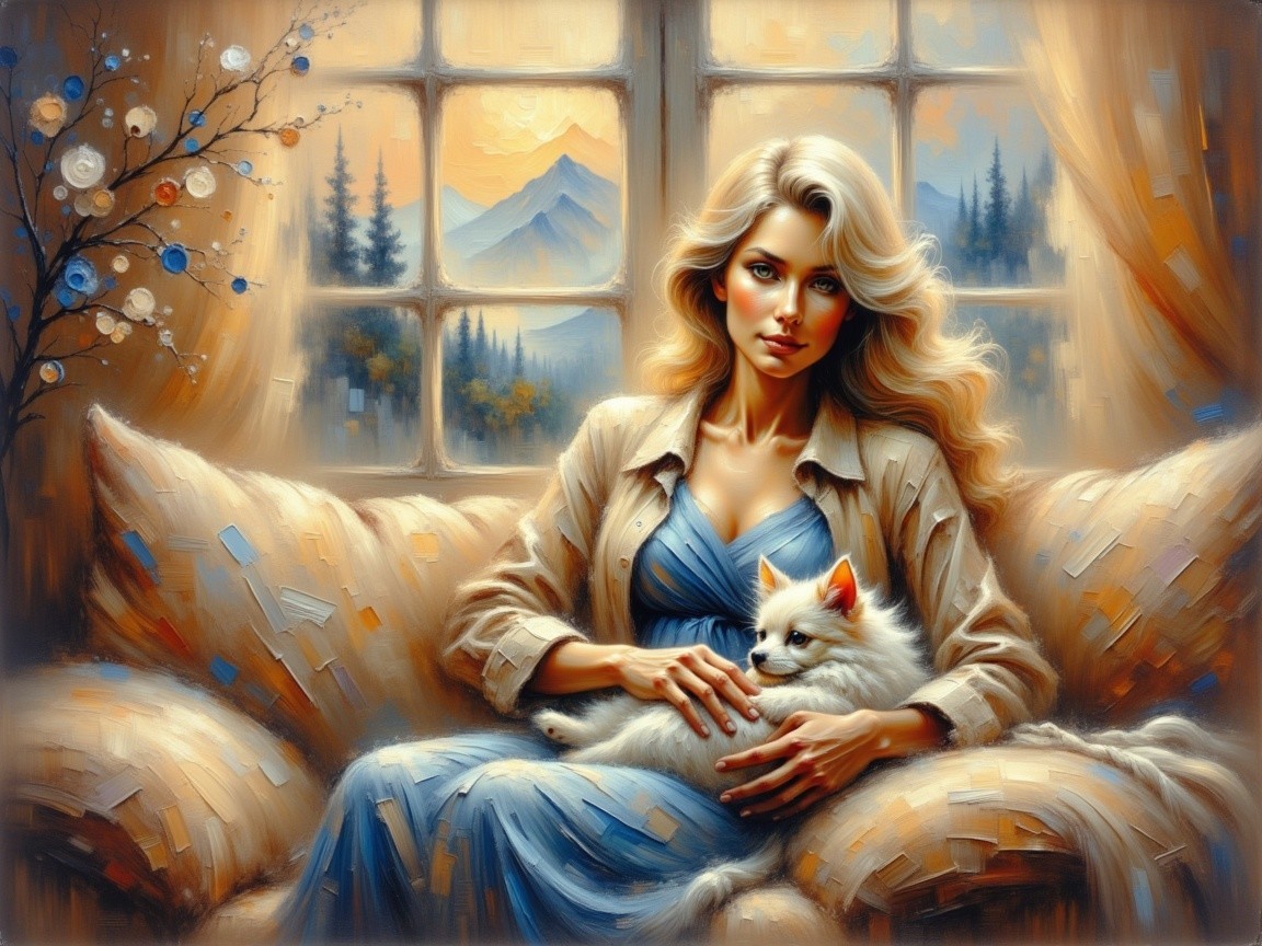 Serene Woman in Blue Gown with Cat by Window