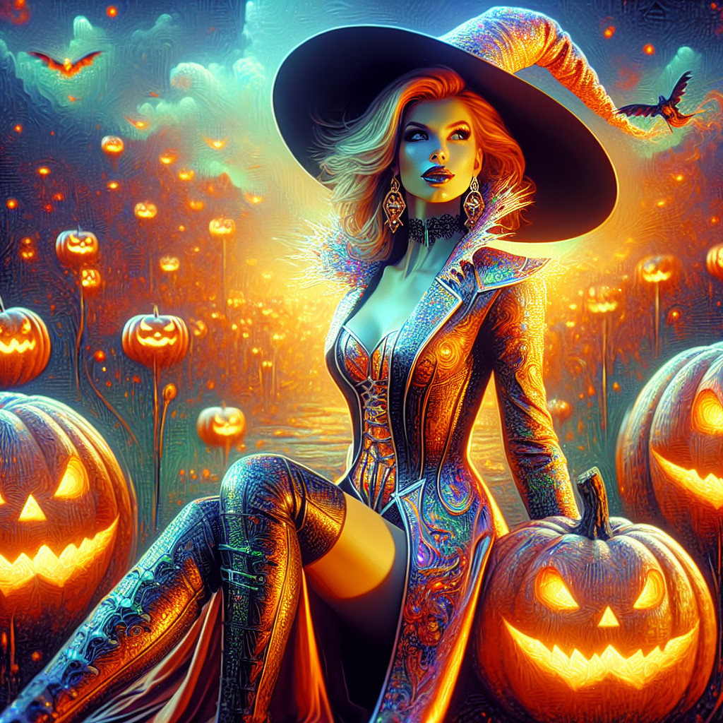 Stylish Witch Surrounded by Glowing Pumpkins and Bats