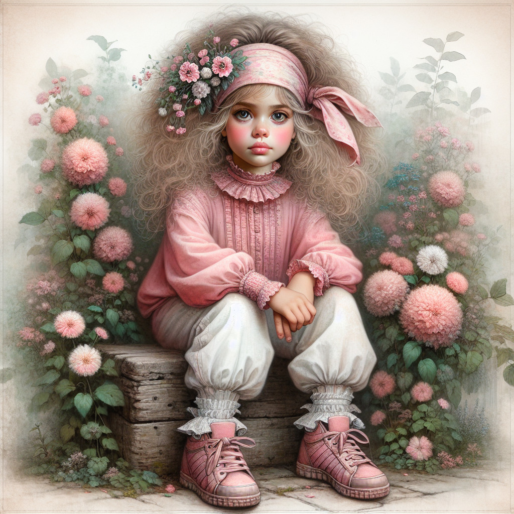 Young girl in pastel outfit among pink flowers and greenery