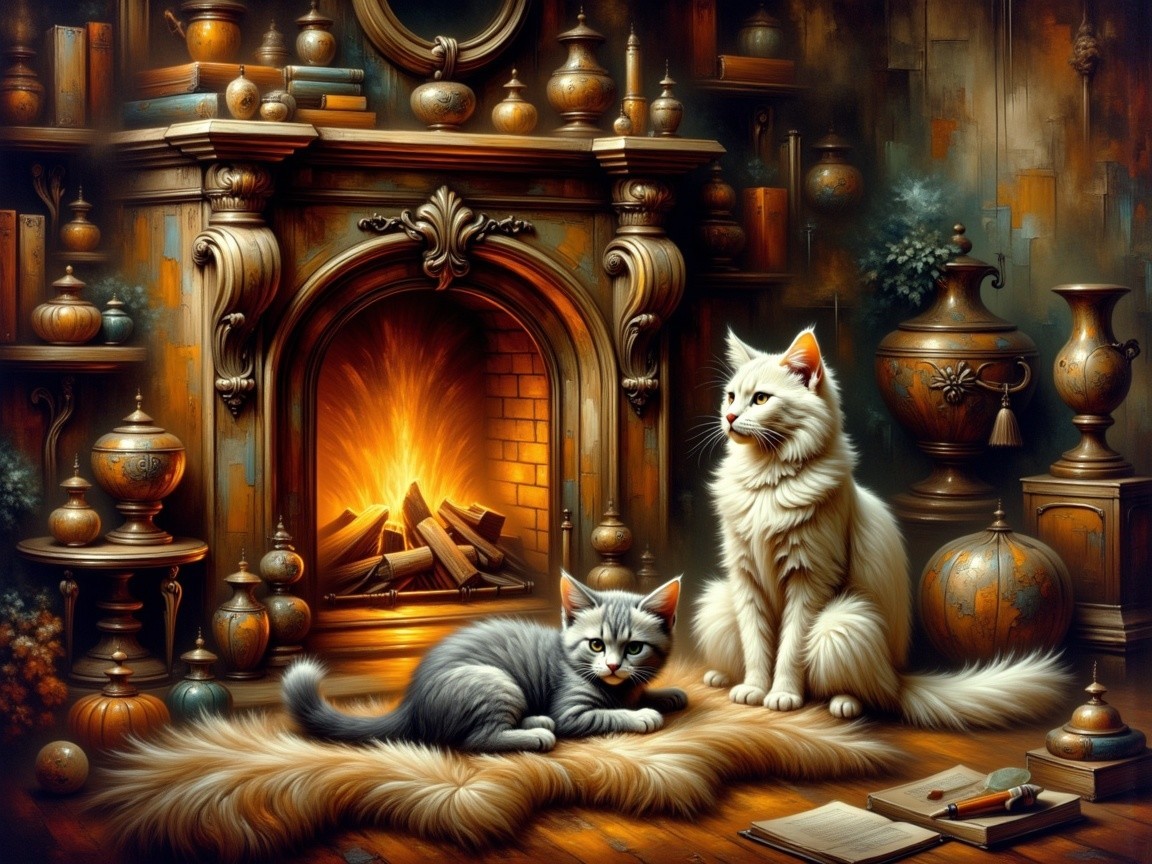 Cozy Room with Fireplace and Cats on Plush Rug