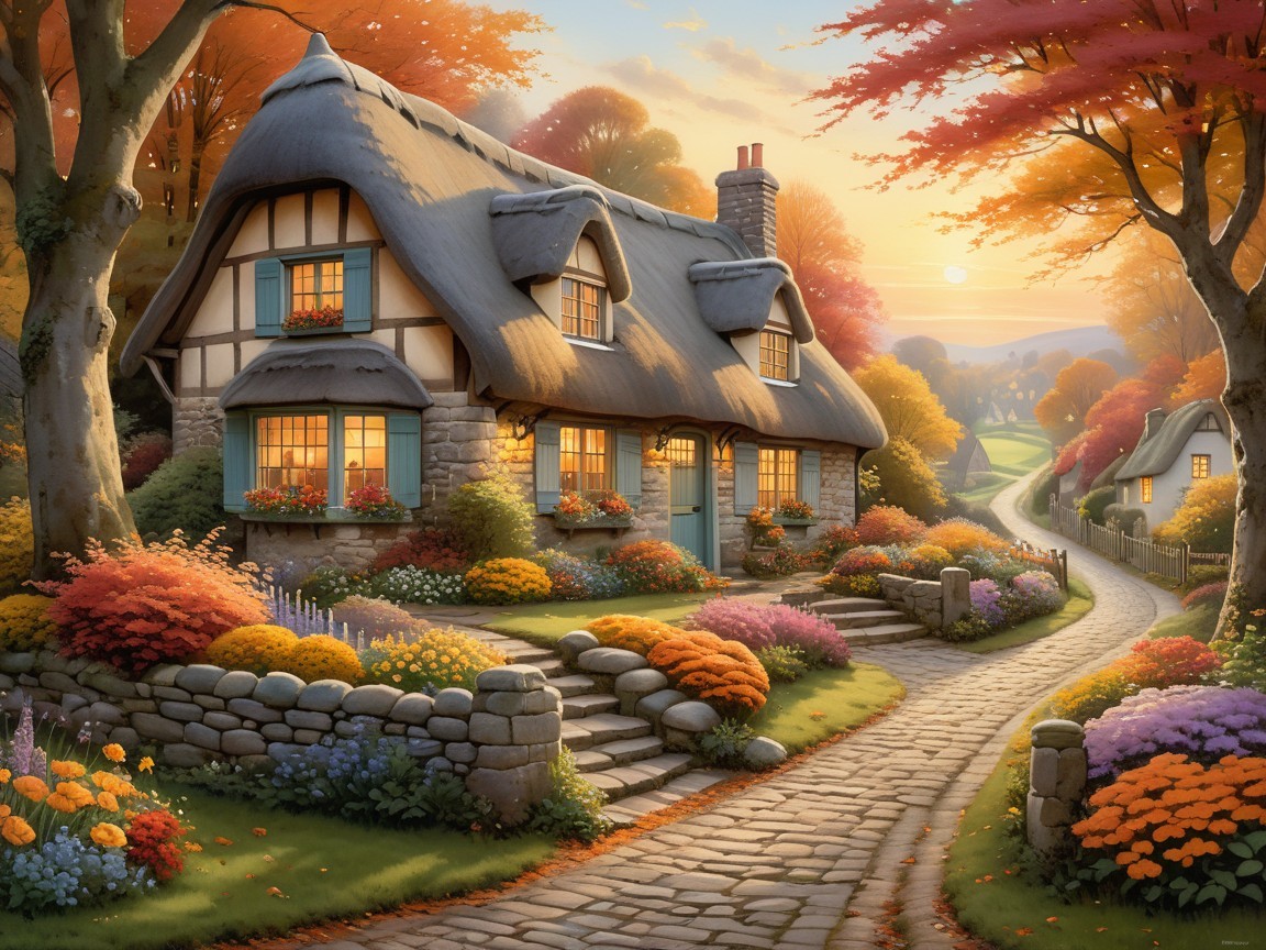 Charming Cottage Surrounded by Autumn Trees and Blooms