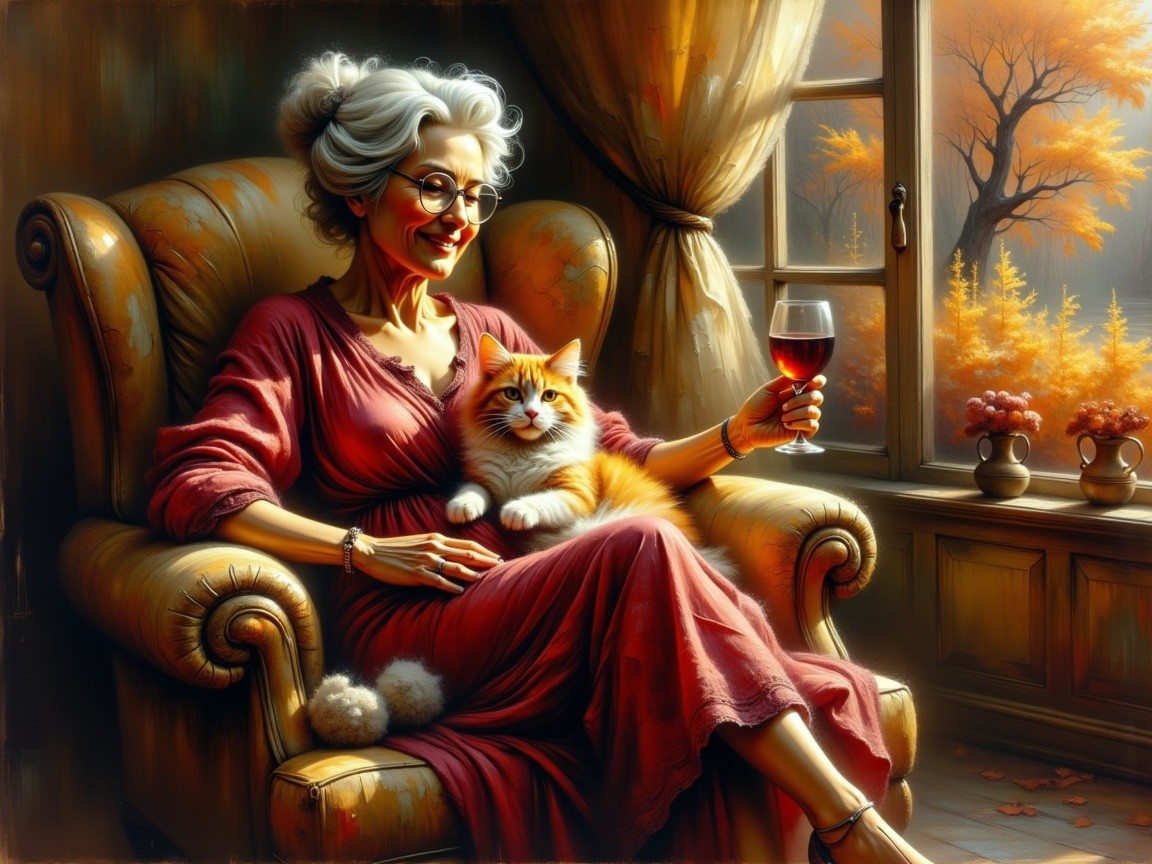 Elderly Woman in Cozy Armchair with Cat and Wine