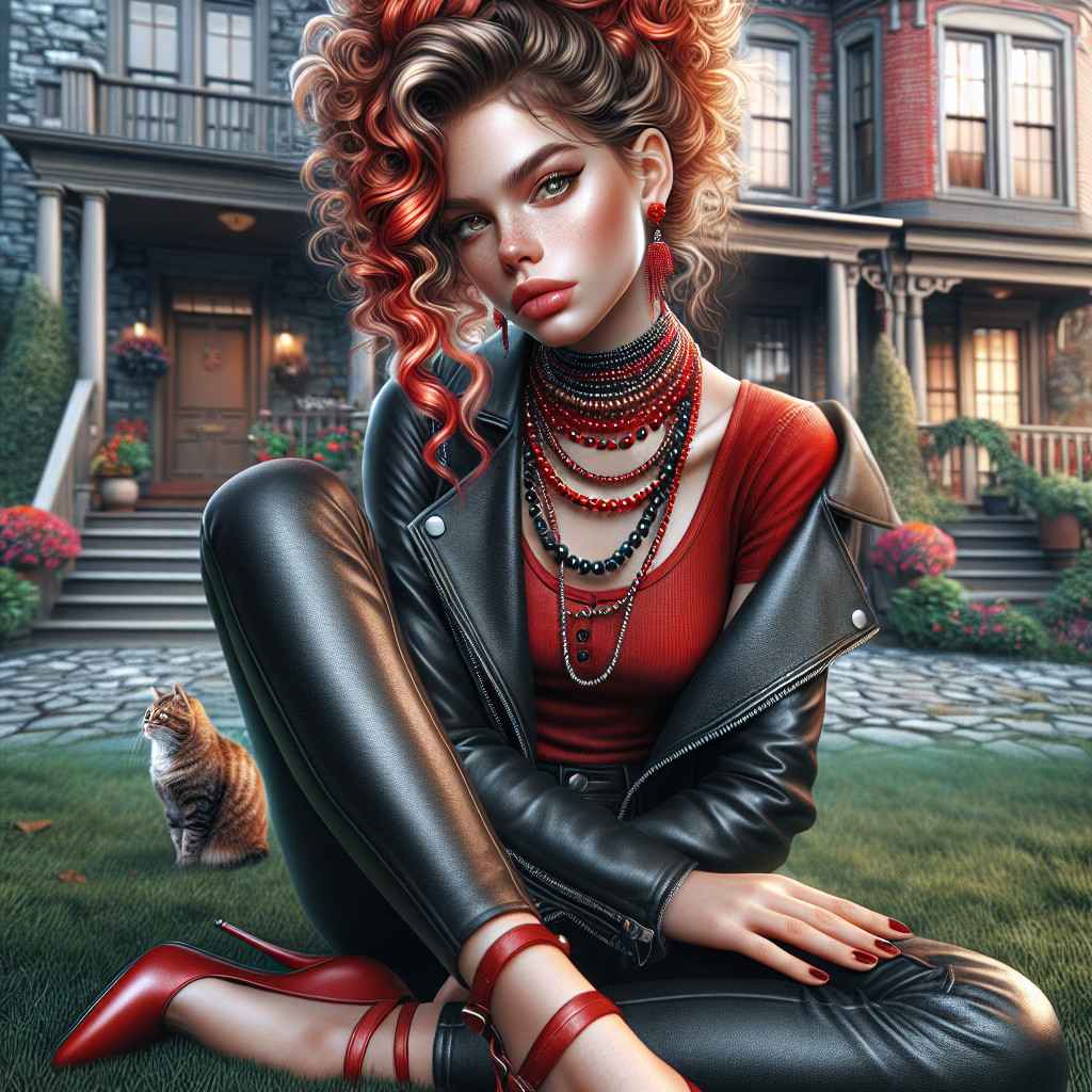 Stylish woman with red hair and cat by house