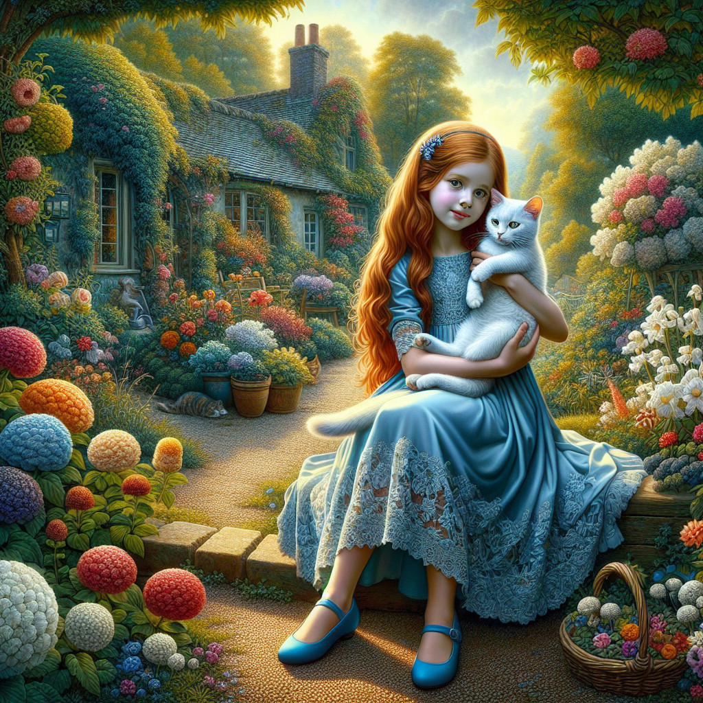 Young Girl with Cat in Enchanted Garden Setting