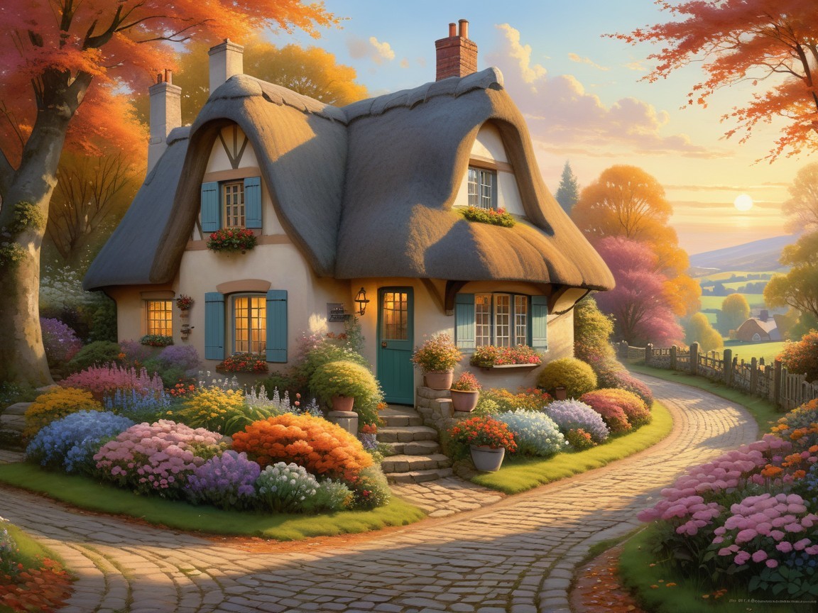 Thatched-Roof Cottage Surrounded by Autumn Foliage