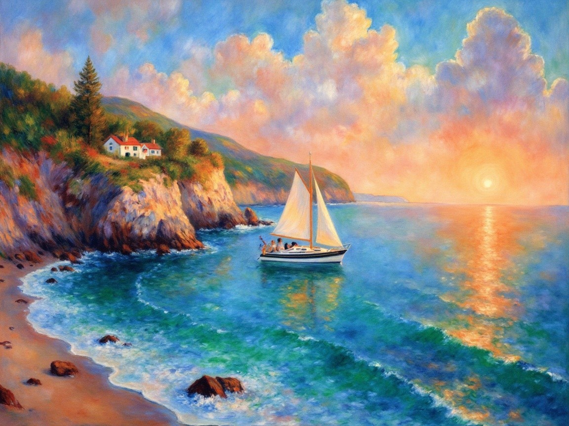 Tranquil Sunset Seascape with Sailboat and Cliffside House