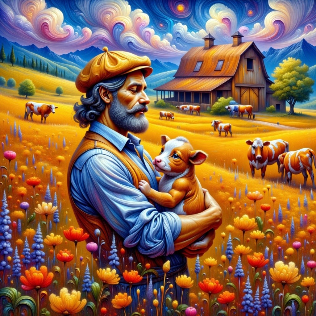 Serene rural landscape with farmer, dog, and wildflowers