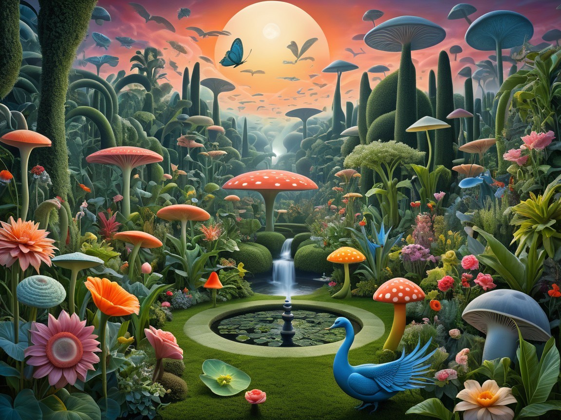 Vibrant Garden Scene with Colorful Mushrooms and Pond