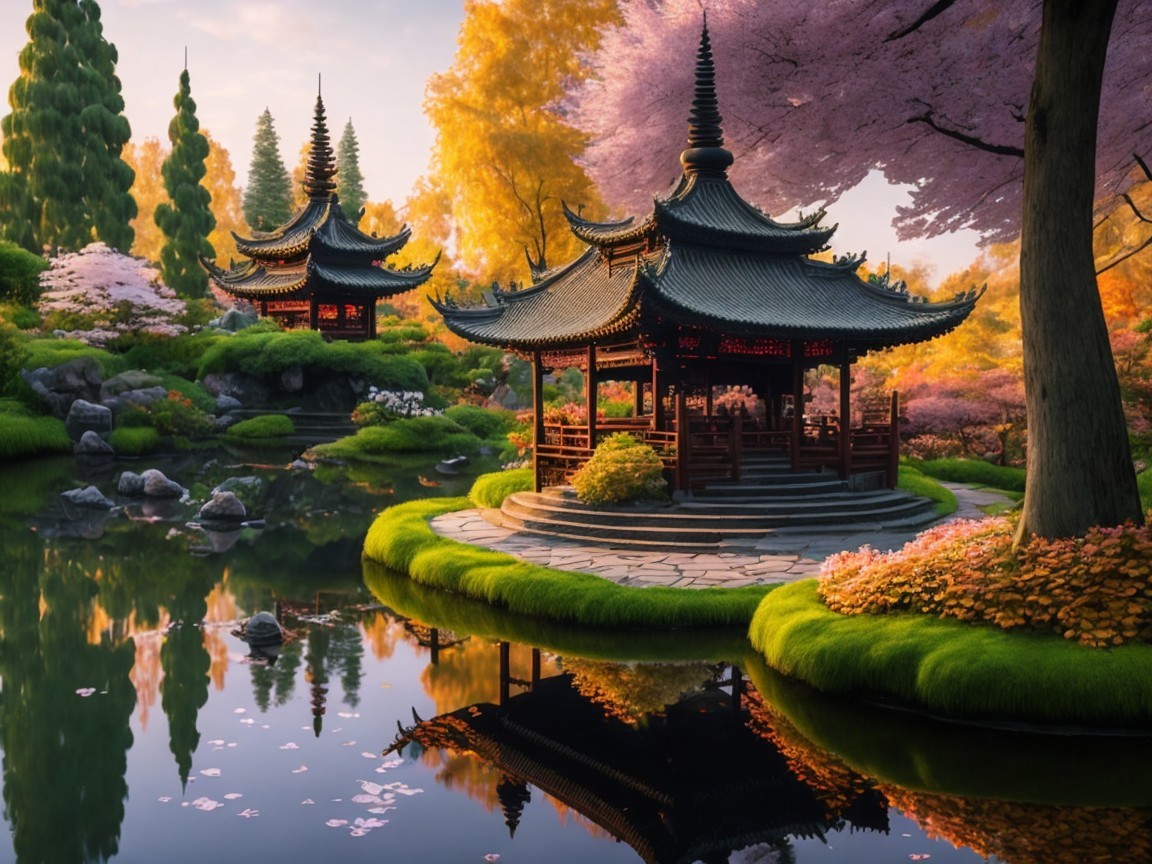Tranquil Asian Garden with Pagodas and Cherry Blossoms