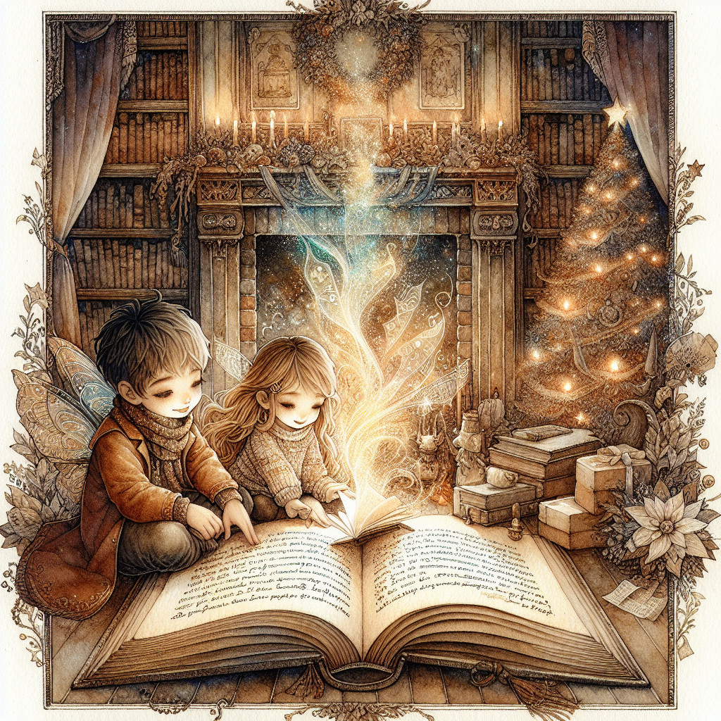 Children Enchanted by Storybook by Fireplace