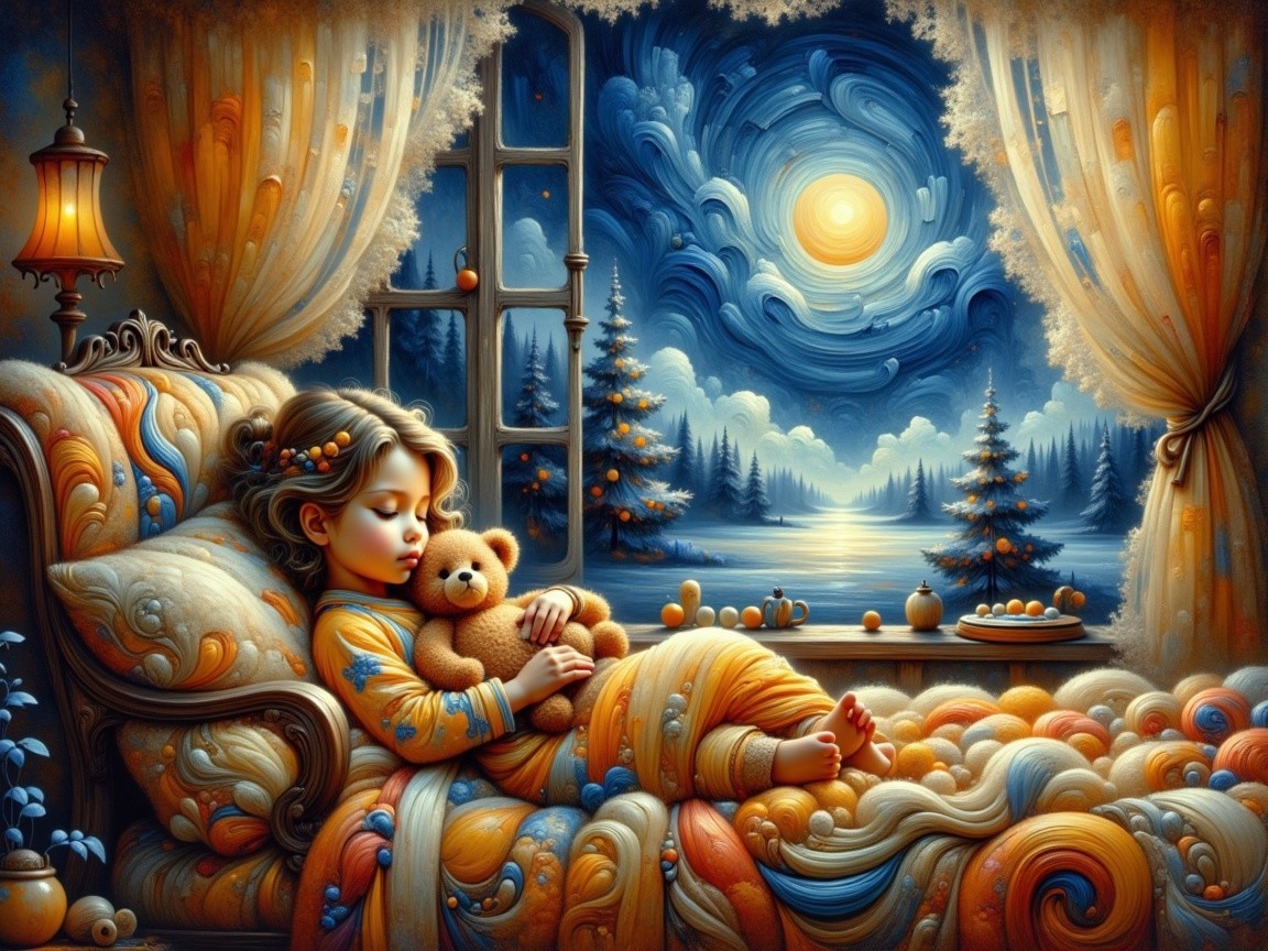 Cozy Dreamlike Room with Sleeping Girl and Teddy Bear