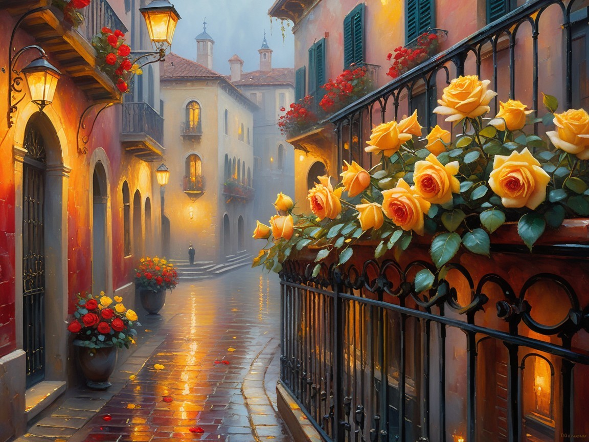 Charming Cobblestone Street with Roses and Mist