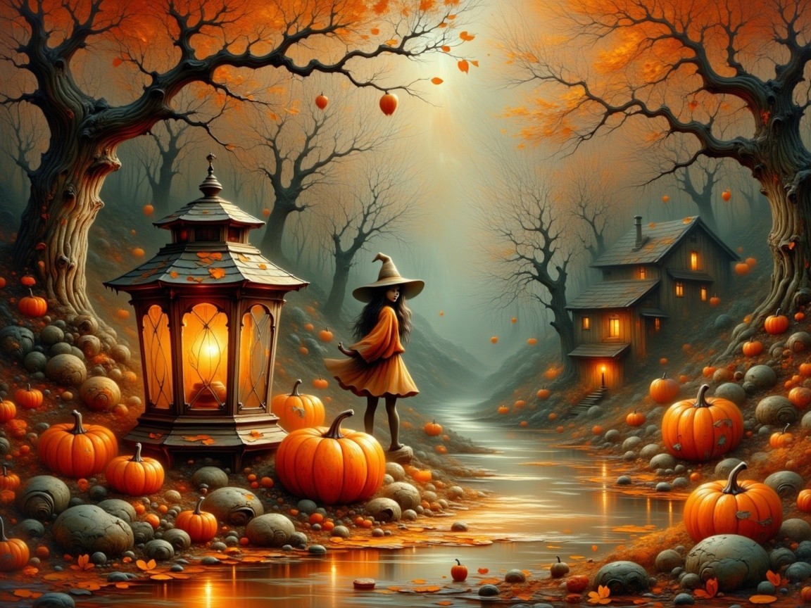 Whimsical Autumn Scene with Witch and Lantern