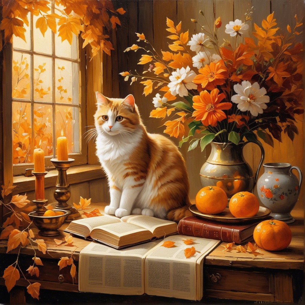 Cozy Autumn Scene with Cat, Flowers, and Candles