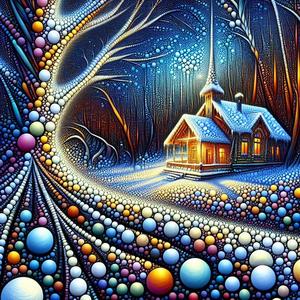Snowy Cabin in a Dark Forest with Mosaic Elements