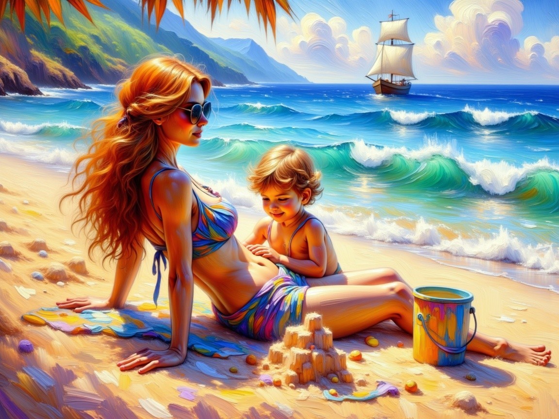 Serene beach scene with woman and child building sandcastle