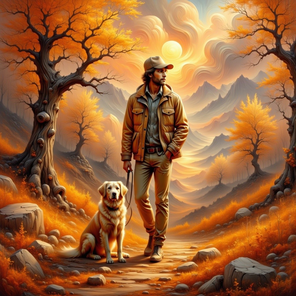 Autumn Landscape with Man and Golden Retriever