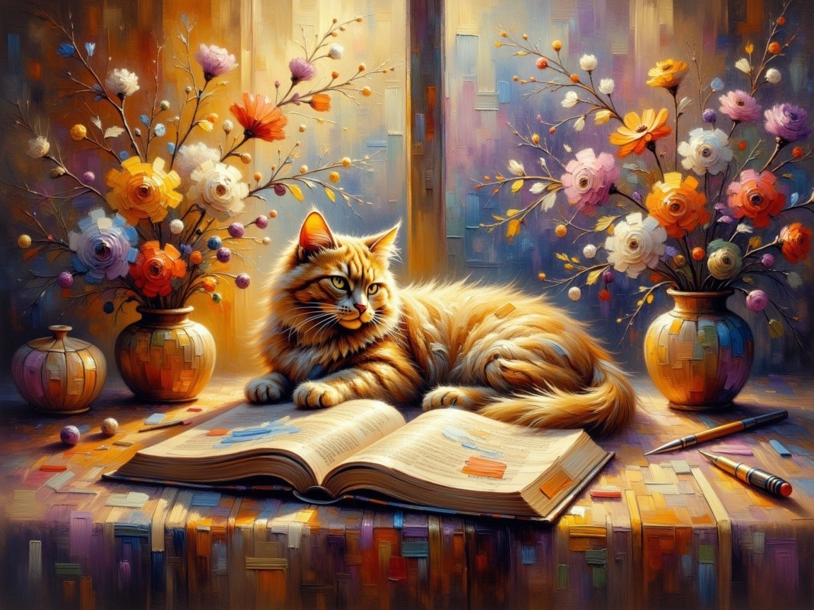 Fluffy Orange Tabby Cat on Book with Flowers