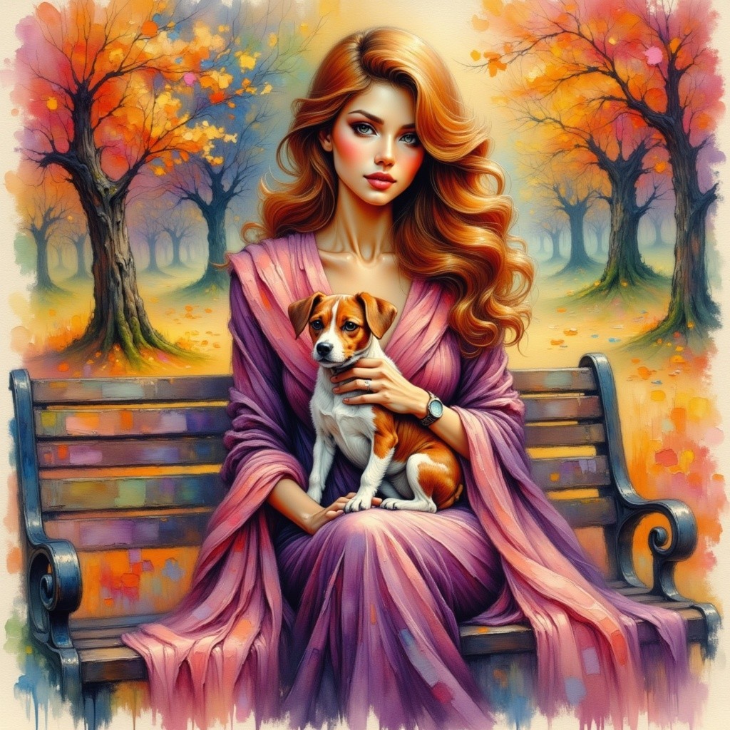 Autumn Park Scene with Woman and Playful Dog