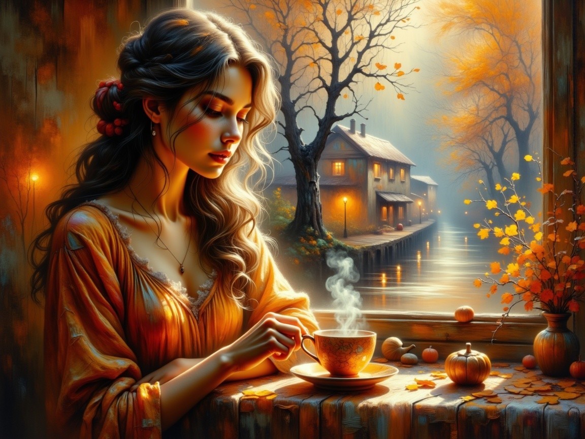 Serene Woman in Peach Dress by Autumn Window