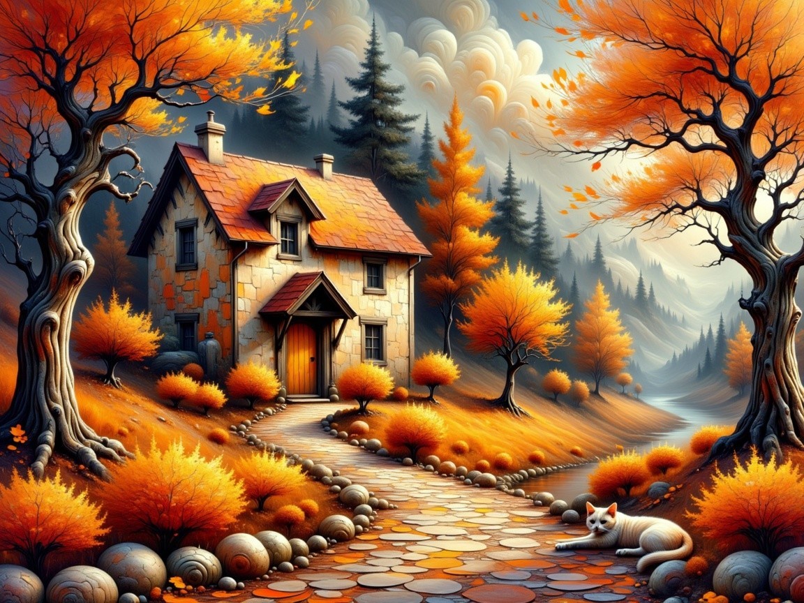 Cozy Stone Cottage in Vibrant Autumn Landscape