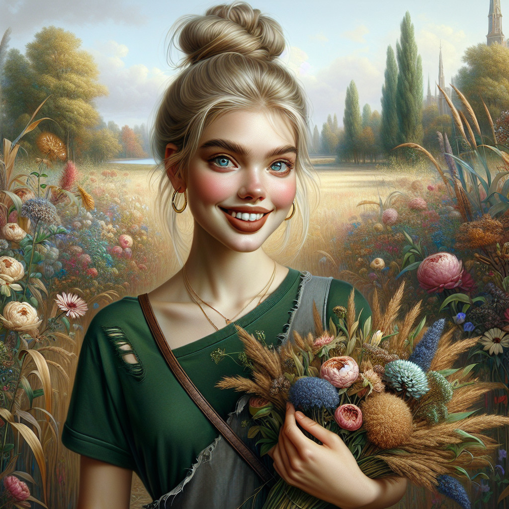 Young woman in sunlit field with colorful flowers