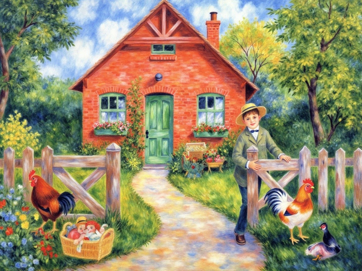 Quaint Red Brick Cottage in Vibrant Countryside Scene