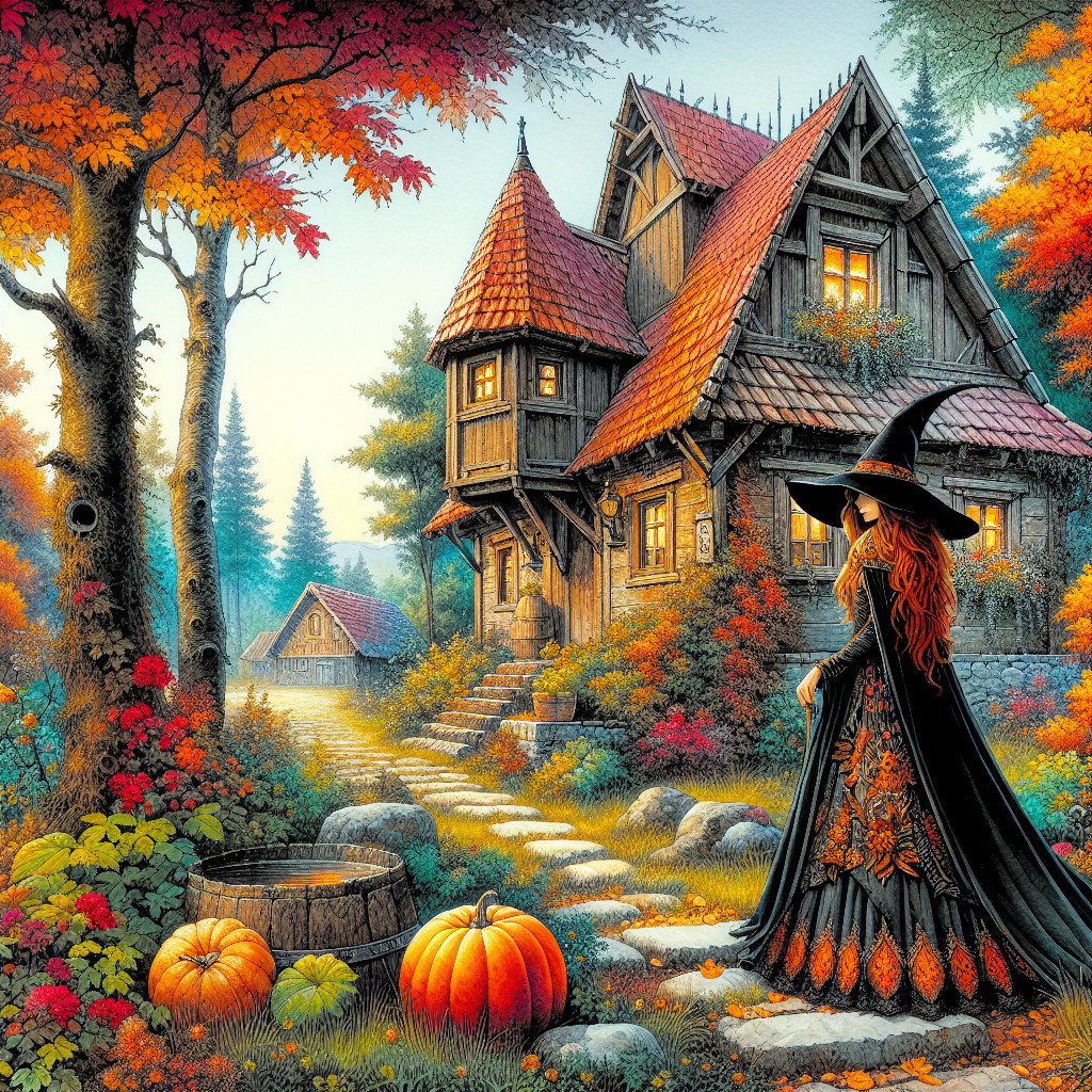 Whimsical Autumn Scene with Cottage and Witch
