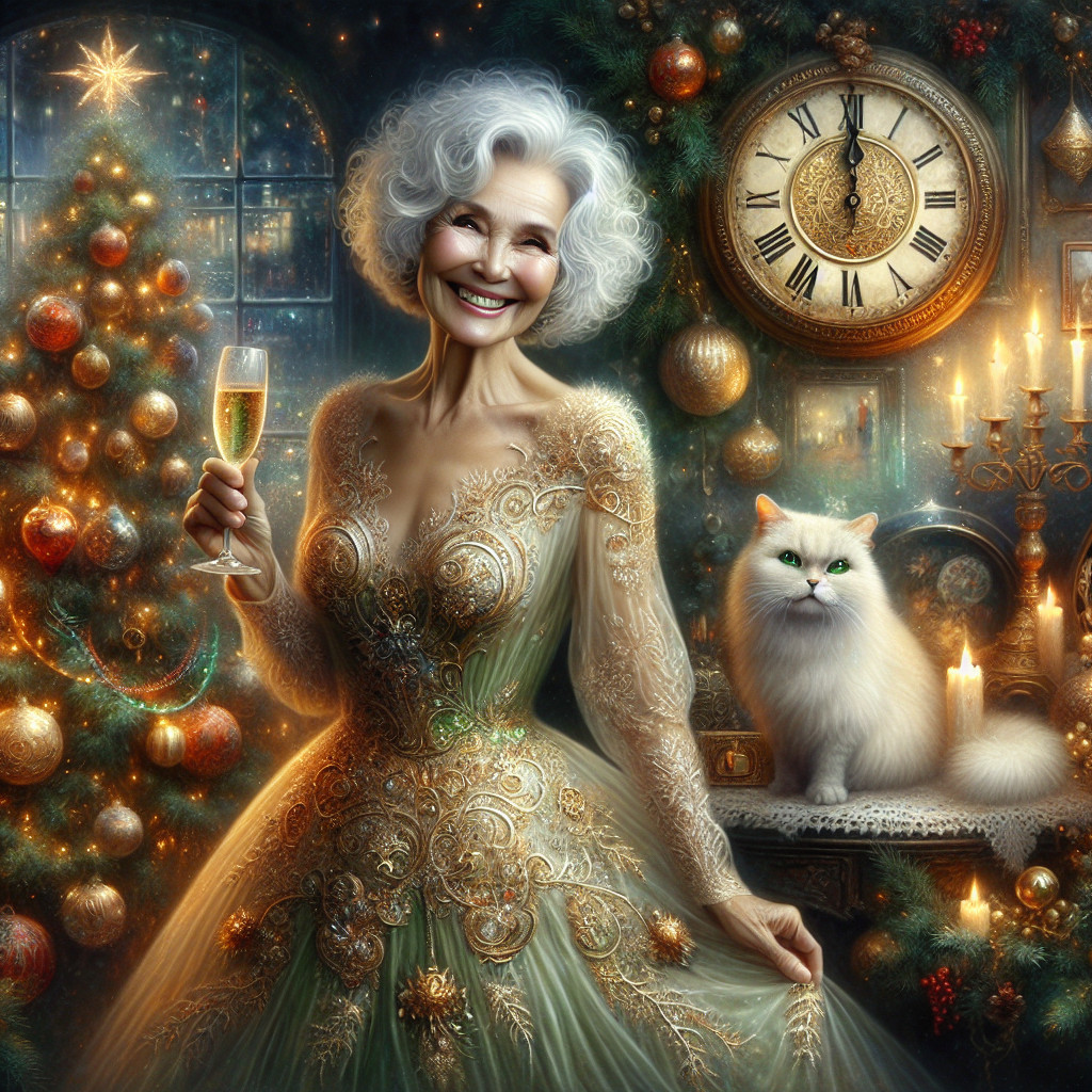 Hyperrealistic Fantasy Art of Older Woman and Christmas Scene