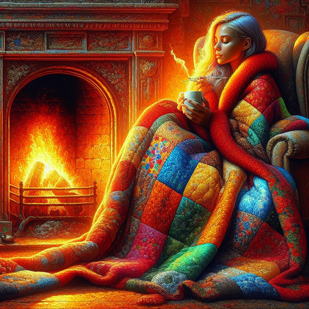 Cozy Scene of a Woman by a Fireplace with Quilt