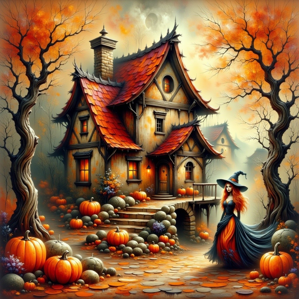 Autumn Scene with Witch, Pumpkins, and Colorful Foliage