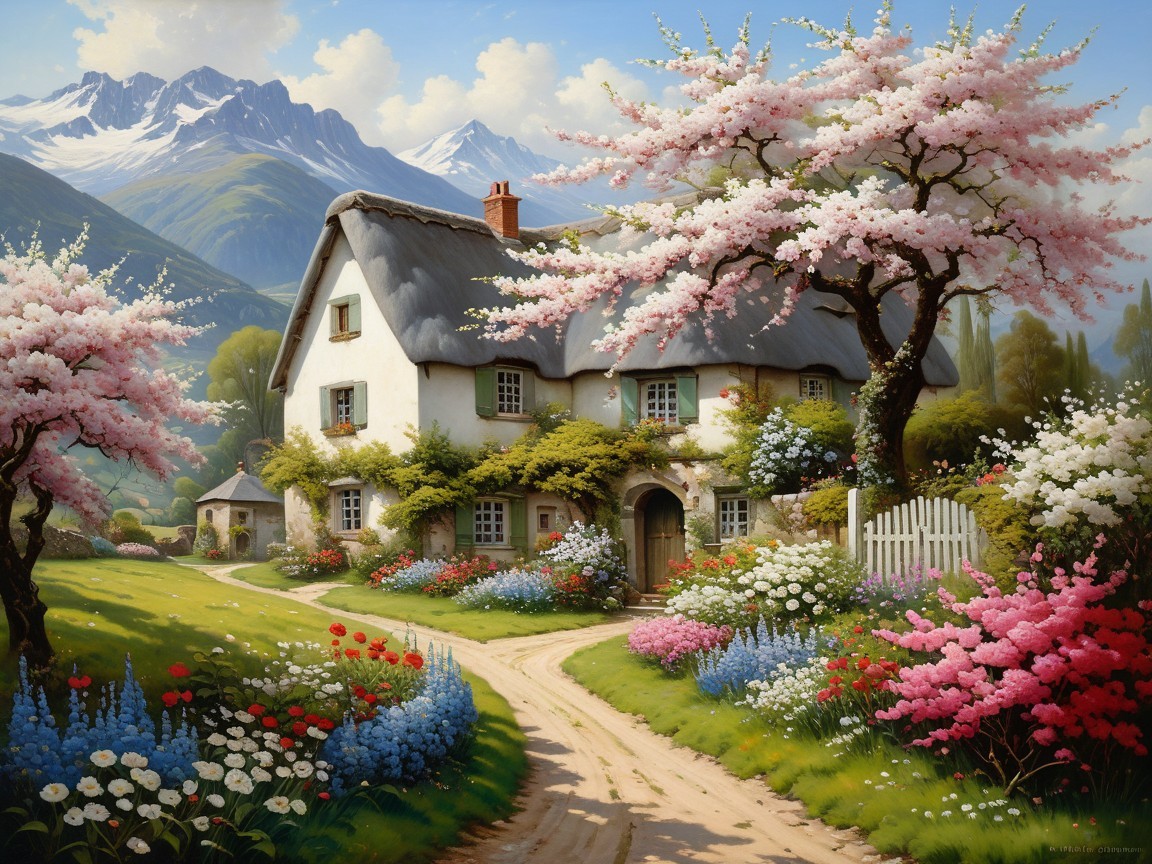 Thatched-Roof Cottage Surrounded by Cherry Blossoms