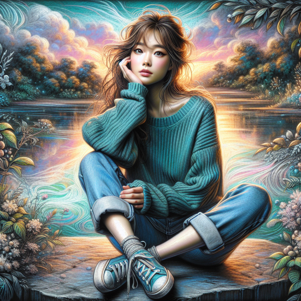 Young woman by serene lake at sunset in cozy sweater