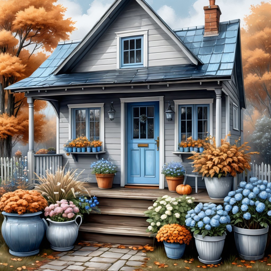 Charming House with Blue Door and Autumn Foliage