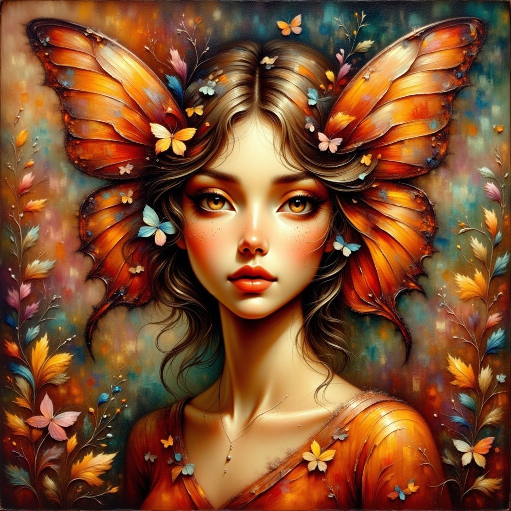 Portrait of a young woman with orange butterfly wings