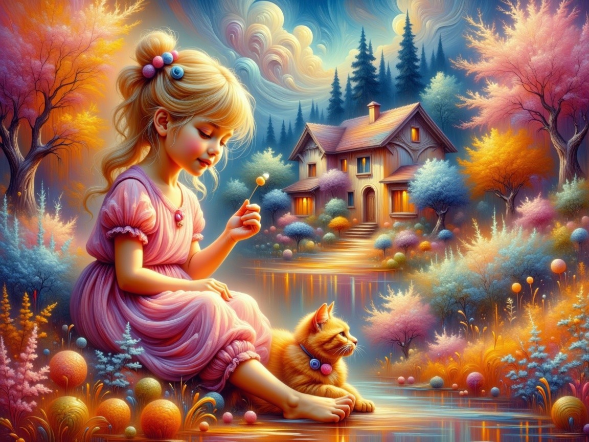 Young girl and cat by serene pond at sunset