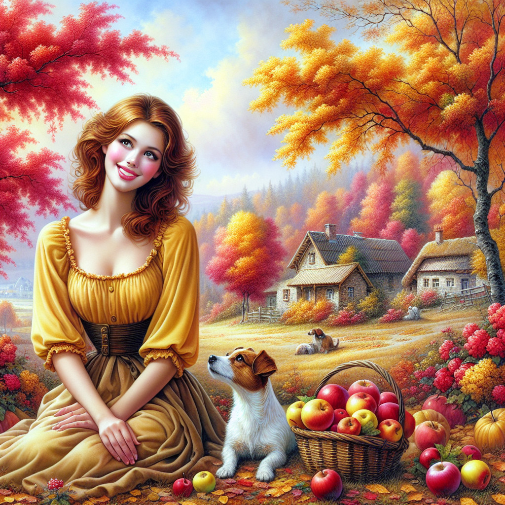 Cheerful woman and dog in vibrant autumn setting
