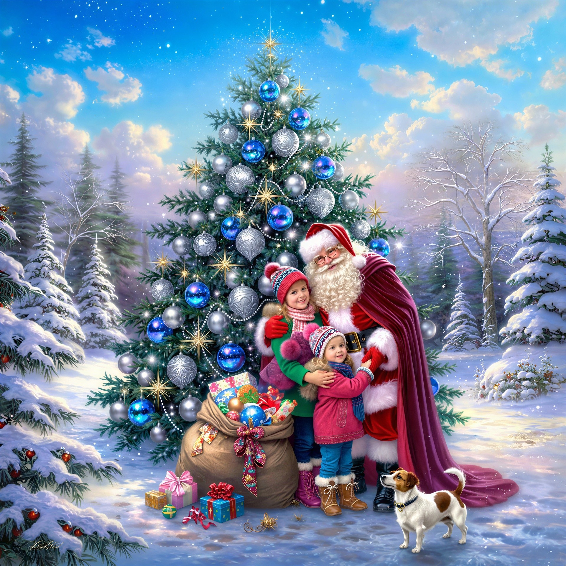 Santa Claus with Girls by Christmas Tree in Snowy Scene