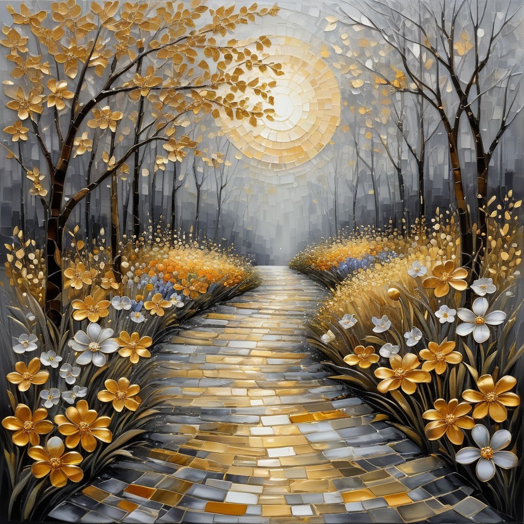 Tranquil Forest Pathway with Golden Leaves and Flowers